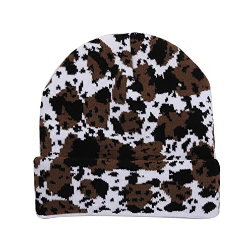 Cow Print Beanie Hats for Women Men Warm Knit Hat Animal Print Beanies Y2K Cap 2 Layers Winter Leopard Print Skull Ski Caps (C)