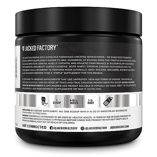jacked factory creatine monohydrate powder 150g - 5g daily creatine supplement for men and women vegan-friendly third-party tested - 30 servings unflavored