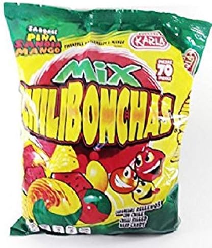 Karla Mexican Candy CHILIBONCHAS Mix Watermelon, Mango and Pineapple Flavors 70pz Dulces Authentic Mexican Candy with Free Chocolate Kinder Bar Included