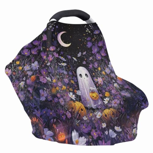 Image of Wanyint Baby Car Seat Cover High Chair Canopy Shopping Cart Cover Soft Breathable Baby Breastfeeding Protector for Breastfeeding Mothers Halloween Decora, Cute Ghost Floral Purple