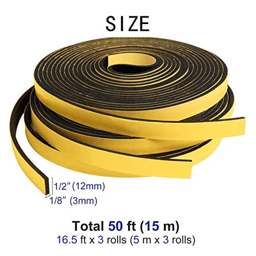 Yotache Foam Weather Stripping Seal Tape 3 Rolls 1/2" W X 1/8" T For Doors And Windows Gasket Insulation Soundproofing, 50 Ft Length (3 X 16.5 Ft Each) #TOP1