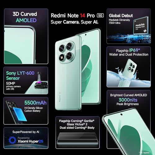 Redmi Note 14 Pro 5G Ivy Green 8GB RAM 128GB Storage |50 MP Sony Camera Setup|Corning Gorilla Glass Victus 2 | 1.5K 3D Curved AMOLED | Mediatek Dimensity 7300- Ultra view 2