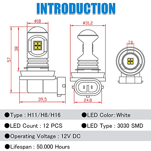 H11 Led Fog Light Bulbs H8 6000K Xenon White,H16 Led Fog Lights H9 ,3030 12Smd Chips,Super Bright,50000 Hours Lifespan,Easy Installation Fog Light Bulb Replacement For Car,Truck,Vehicle, Pack Of 2 #TOP6