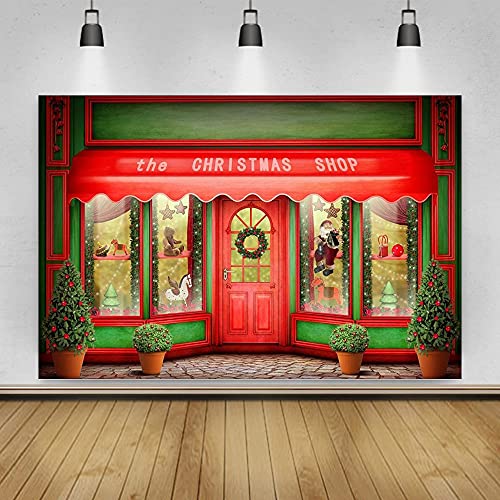 Laeacco 7x5ft Christmas Shop Front Door Photography Background Merry Christmas Backdrops Bonsai Plants Wreath Garland Embellishment Horse Bear Santa Claus Happy Night Scene Red House Video Studio Prop