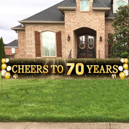 Image of TZSS Black & Gold 70th Birthday Banner Decorations - Extra Large 118 inchx20 inch Reusable Yard Sign for Men & Women, Over The Hill Party Decor Indoor Outdoor, Platinum Jubilee Celebration