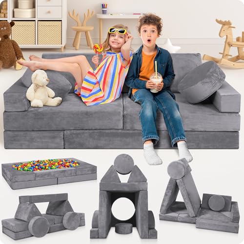 Image of Lunix LX15 14pcs Modular Kids Play Couch, Design-Patent Child Sectional Sofa, Fort-Play Bedroom Playroom Furniture for Toddlers, Convertible Foam, Washable Covers, OEKO-TEX & CertiPUR-US, Granite Gray