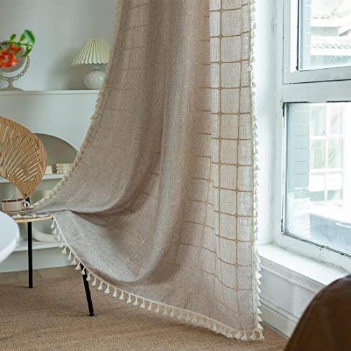 2 Panels Boho Semi Blackout 63 84 96 Inches Length Curtains Set,Farmhouse 54" W Country Linen Beige Coffee Plaid Long Window Curtain For Living Room, Dining Room, Bedroom, Kitchen Drapes #TOP1