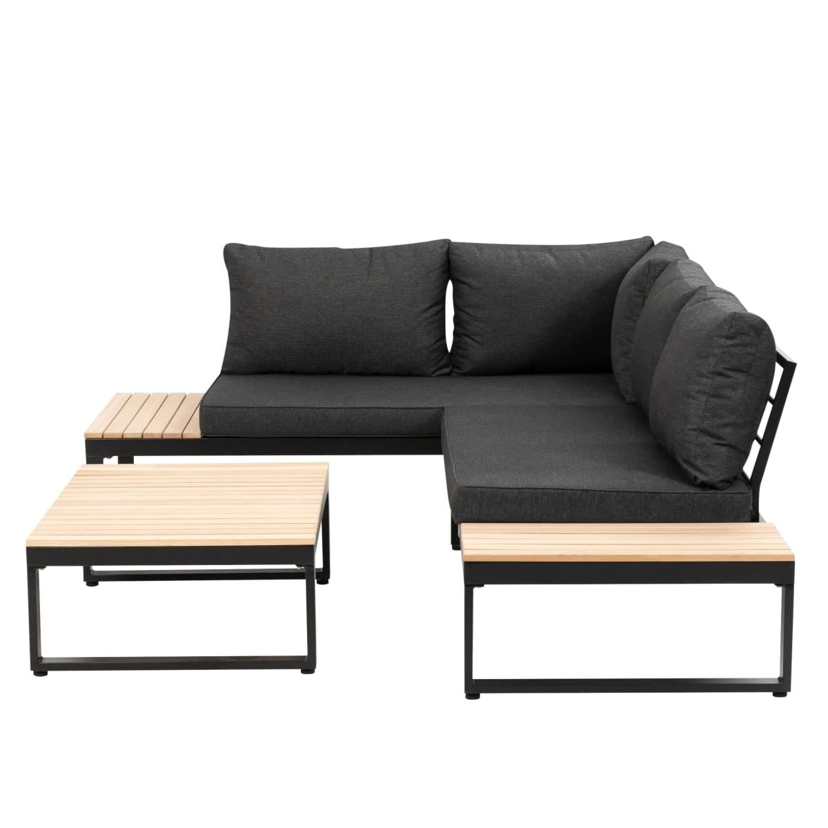 greemotion Ensemble Salon de Jardin Rio, Set de 2 Fauteils et Table en Bois d’Acacia FSC® 100%, Cadre Aluminium, Coussins en Polyester Inclus, Gris/Bois/Noir