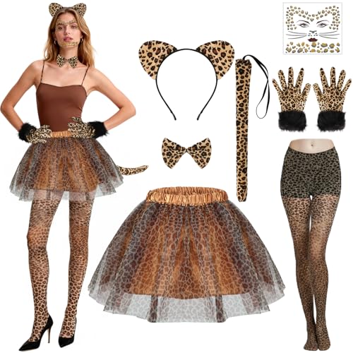 Beipegin Leoparden Kostüm Damen,Tüllrock Leopard Ohren Fliege Schwanz Handschuhe Leggins Tierkostüm für Halloween Karneval Verkleidung