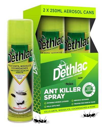 Dethlac Ant Killer Spray 2 x 250ml | Kills Ants Woodlice Cockroaches & Crawling Insects | Insect Killer Indoor & Outdoor Use | Invisible Weatherproof Lacquer Barrier | Trusted Since 1959