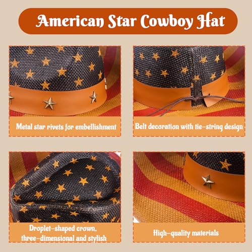 Image of Evankin American Flag Hat, USA Western Cowboy Hat on July 4th | American Flag Hat, 4th of July Patriotic Hat,USA Western Cowboy Hat, Straw Weaving Star,Summer Sunhat for Men and Women