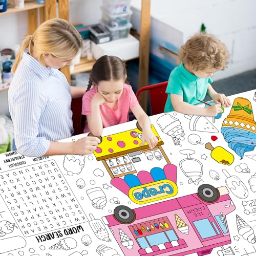 Image of Naozinebi Ice Cream Giant Coloring Poster for Kids Summer Large Coloring Tablecloth Big Paper Sheets Page Sweet Theme Table Cloth DIY Activity Game Art Crafts Mat Wall Home Party Decoration Supplies