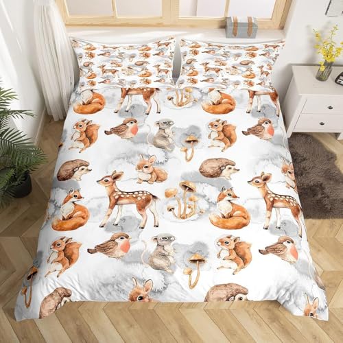 Homemissing Enfants Cerfs Parure de Lit Dessin animé Lapin écureuil Champignons Housse de Couette 140x200cm Garçon Fille Adolescent Mignon forêt Renard hérisson Sets de Housse de Couette