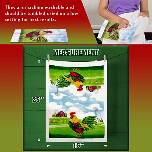 Lobyn Value Packs 4 Pack Absorbent Lightweight Kitchen Dish Towels 15X25 Cotton Poly (Farm Rooster) #TOP4