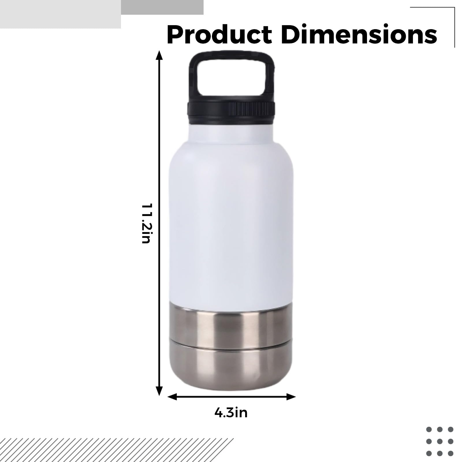 Edelstahl Hunde Trinkflasche mit Futter und Wasserschalen, tragbarer Haustier Reise-Dispenser für Spaziergänge im Freien, 32 oz 946 ml, 3 in 1, Weiß
