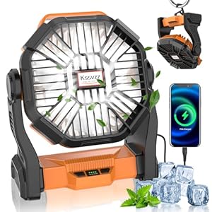 Portable Camping Fan with LED Lantern – 10400mAh Rechargeable Battery Powered Fan, 270°Pivot Personal USB Desk Fan, 4 Speed Quiet Table Fan, 9’’ Battery Operated Tent Fan for Travel, Picnic (Orange)