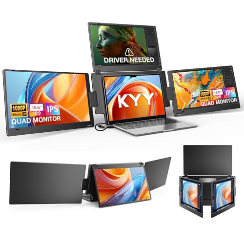 Triple Screen Laptop Monitor Extender, Quad Monitor 15.6” FHD 1080P Portable Triple Monitors, 1 USB-C Connection for 4 Screens, Integrated Aluminum Alloy, Auto Rotation Top Display for 12–17.3” Laptop