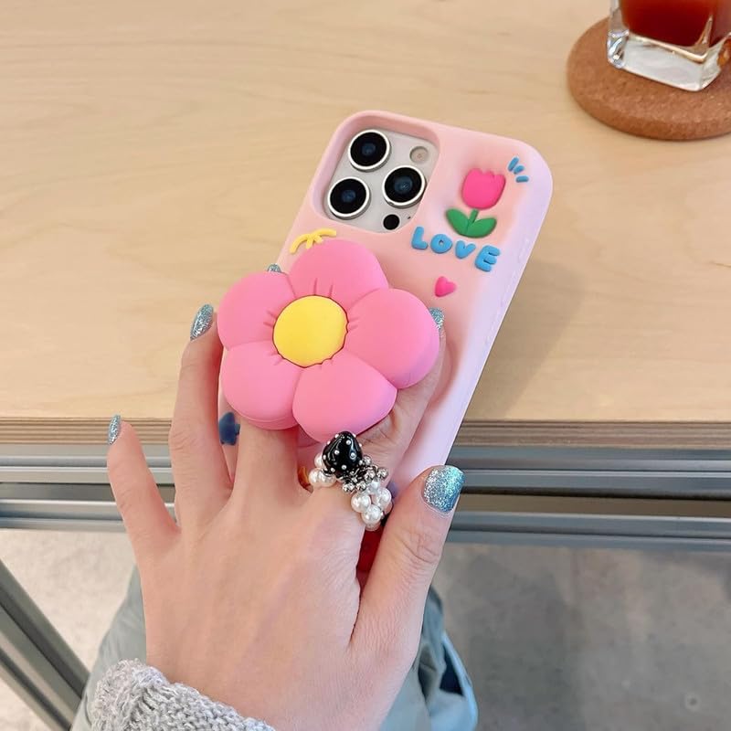 Image of COVERLY for Apple iPhone 12 Pro Cute 3D Flower Petal Love Cartoon Case,Full Protective Case Kawaii Adorable Kitty Pink Floral Pop Case with Holder Soft Silicone Fashion Aesthetic Cover