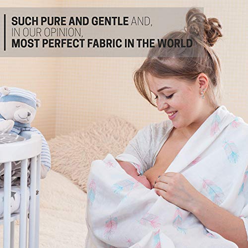Muslin Swaddle Blankets Large Size - Soft Breathable Bamboo Cotton Prevents Overheating Set of 2 Gender Neutral Design - Nursing Cover Swaddling Blanket - Feather Print Boy Girl - Burp Cloth