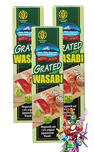 3er Pack - KINJIRUSHI Wasabi [ 3x 43g ] | Meerrettich Paste HOT + SCHARF aus Japan + ein kleiner Glücksanhänger gratis