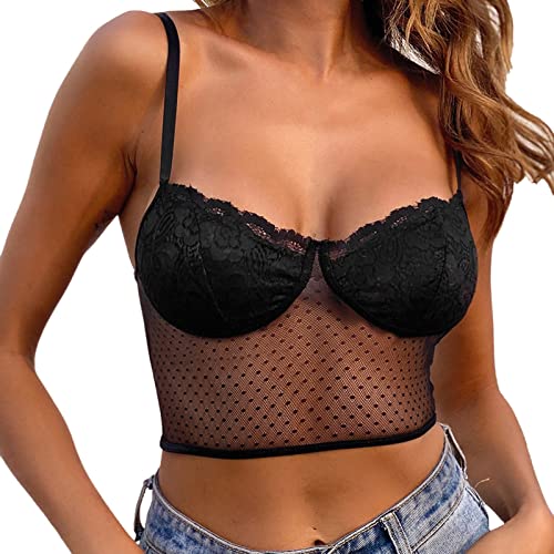Lace Bralettes for Women Sexy V Neck Spaghetti Strap Push Up Cami Camisole Sleeveless Longline Busiter Everyday Bra Black