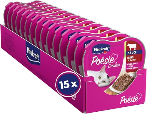 Vitakraft Poésie Création, Nassfutter Katze, Katzennassfutter in Sauce, mit Rind und Karotte, Vorratspackung, ohne Zusatz von Zucker und Getreide (15x 85g)