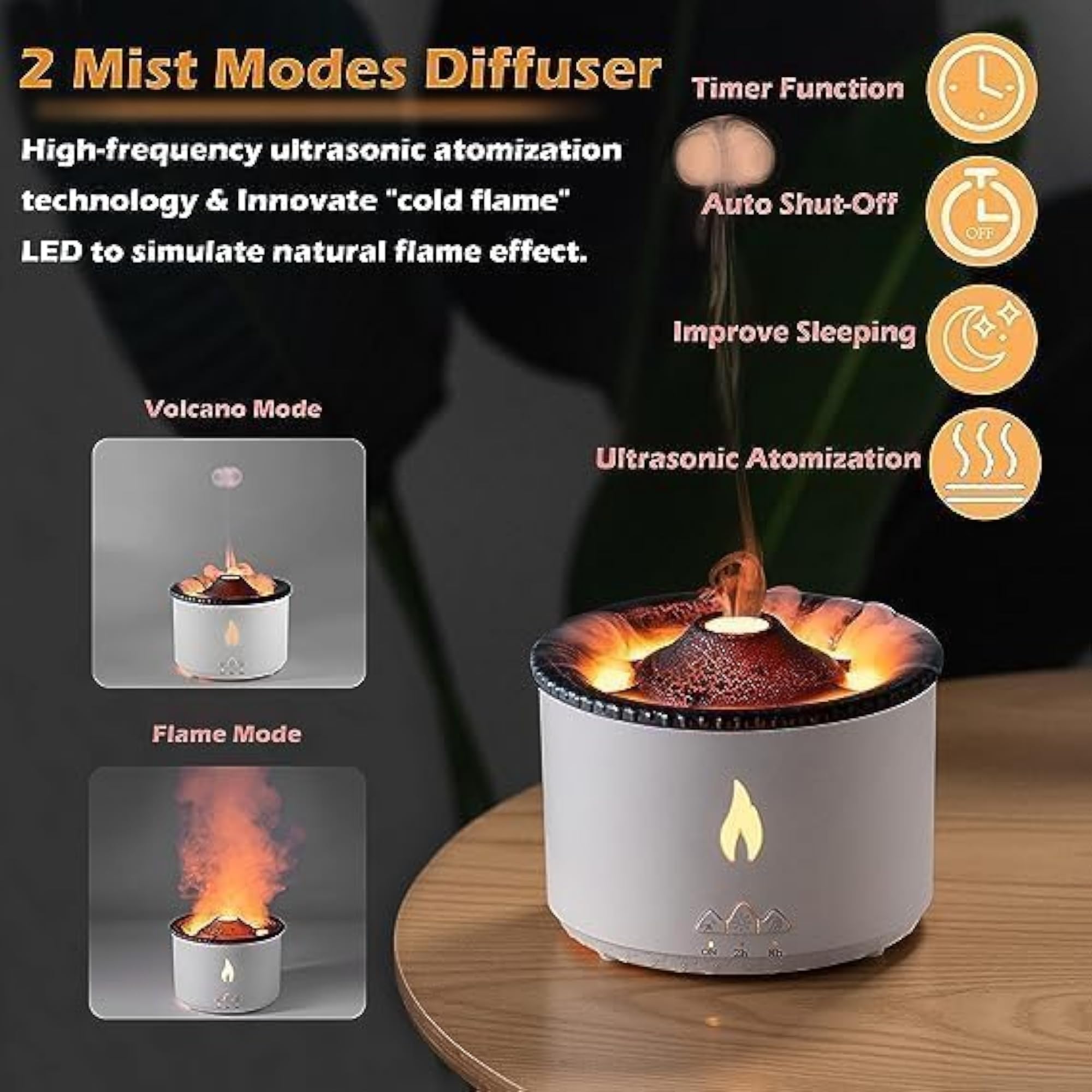 Ultrasonic Volcano Flame Diffuser with Auto Shut Off