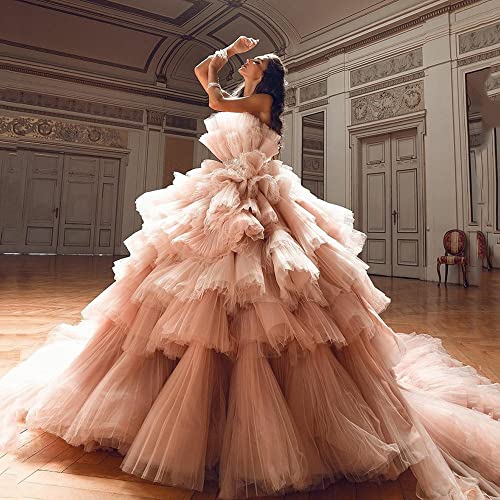 Sunnderly Puffy Ruffled Prom Dresses Long Strapless Formal Ball Gown Quinceanera Dress3