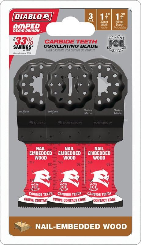 Diablo Amped Demo Demon Starlock Carbide Teeth Oscillating Blade for Nail-Embedded Wood - 1-1/4" Cutting Width, 1-3/4" Cutting Depth, 3-Pack - DOS125CW3