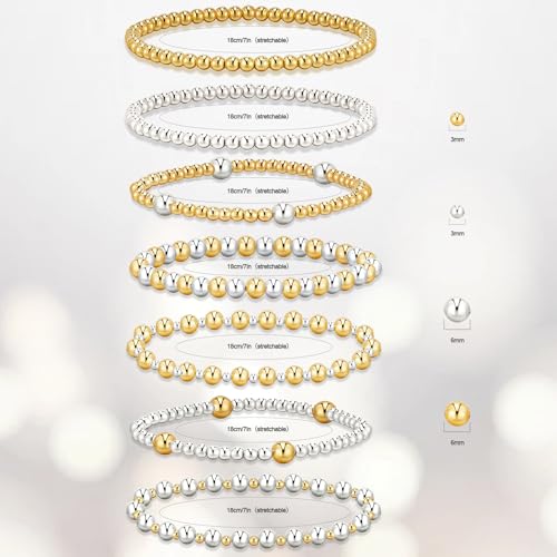 7Pcs Gold Bracelets for Women Gold Plated Beaded Bracelet Elastic Stretch Bead Ball Stack Set Stretchable Adjustable Gold Jewelry Gifts2