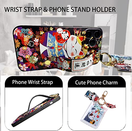 Z-Soey Compatible With Iphone 12 Pro Max Case With Phone Lanyard, 6.7 Inch Cute Japanese Lucky Cat Design, Glitter Luxury Soft Silicone 3D Emboss Phone Case With Wrist Strap (Black) #TOP4