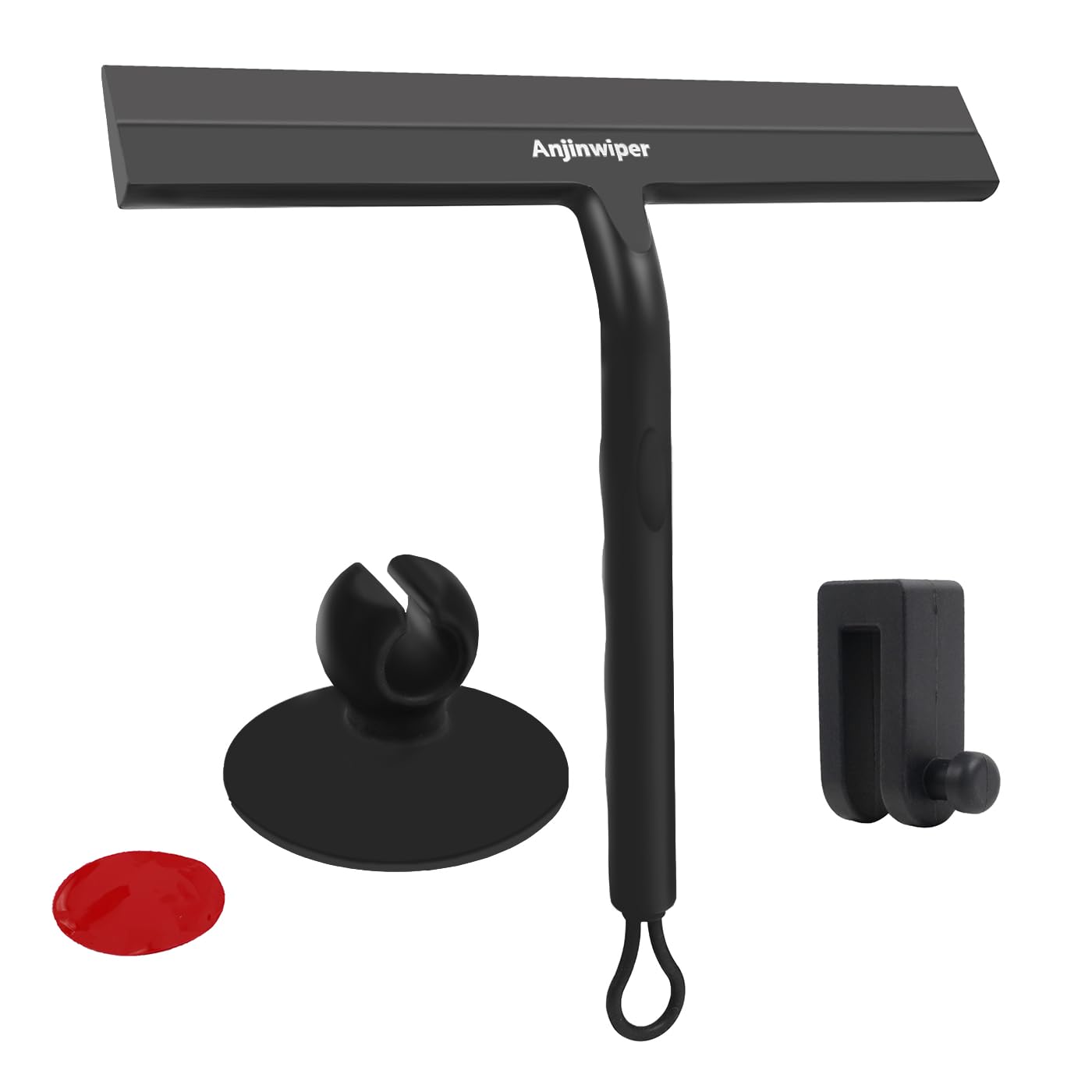 Anjinwiper Shower Squeegee for Glass Doors with Adhesive Hook, All-Purpose Squeegee for Shower Glass, Bathroom, Window, Mirror, Car Glass and Tile Wall-8.6 Inches,Black