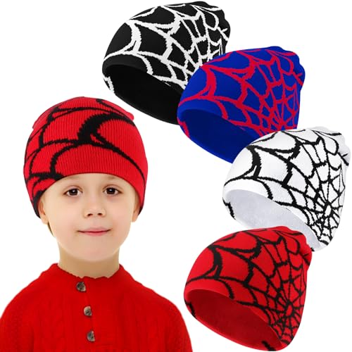Silicherry 4 Pcs Winter Beanie Hat for Kids Y2k Hat Winter Warm Acrylic Knitted Gothic Spider Web Beanie for Kids Boys Girls Outdoor Ski