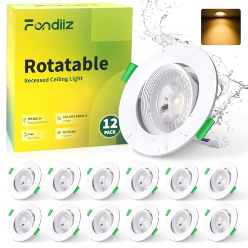 Fondiiz 12er Einbaustrahler LED Schwenkbar, 5W LED Spots 230V 480LM Warmweiß 2700K, Deckenspots Ultra Flach, Spots Deckenleuchte IP44, Einbauleuchten Weiß 70-80mm Lochmaß für Badezimmer Wohnzimmer