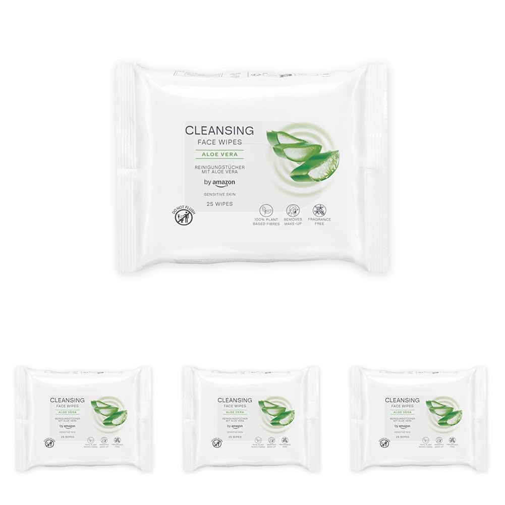 by Amazon Gesichtsreinigungstücher mit Aloe Vera, Make-up-Entferner, parfümfrei, 25 Tücher (Packung mit 4)