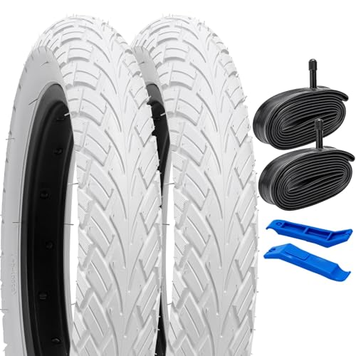 YunSCM 2本セット,24 1.75 タイヤ 白,24x1.75 47-507 タイヤ カラー + チューブ 肉厚 米式バルブ32mm+タイヤレバ,適用 24インチ 1.75 マウンテンバイク,Y-5001(ホワイト)