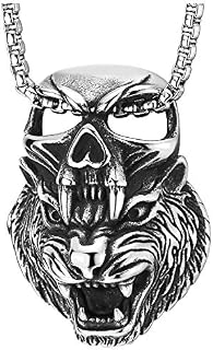 COOLSTEELANDBEYOND Mens Steel Vintage Roaring Tiger Head Punisher Skull Fang Pendant Necklace, 30 inches Wheat Chain