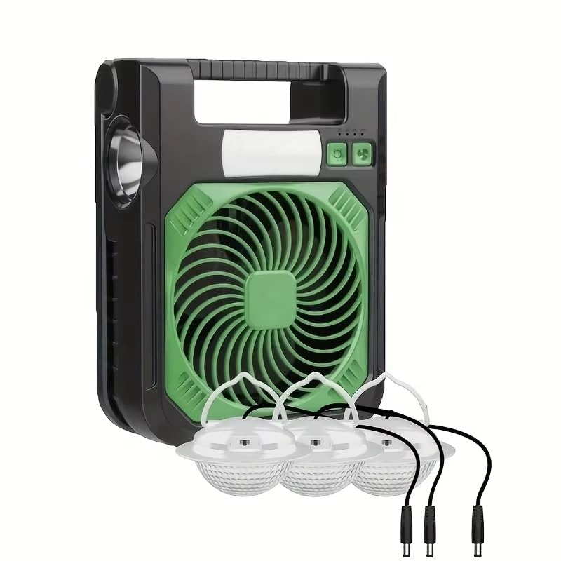 Shop Comfort Portable Solar and Type-C Charging Camping Fan with LED Bulbs and Flashlight, Built-in Handle, Black and Green, for Outdoor Camping Personal Use-image-5