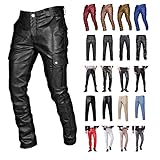 Leather Pants for Men Slim Fit Skinny Stretch Faux Leather Motorcycle Biker Pants Fashion Punk Retro Goth Hip Hop Trousers High Waisted Leather Zipper Fly Solid Tapered Pants (A012-Blue,Medium)