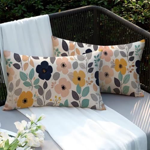 Housse de coussin extérieur imperméable 50x70 lot de 2 blanc à fleurs en lin - 4