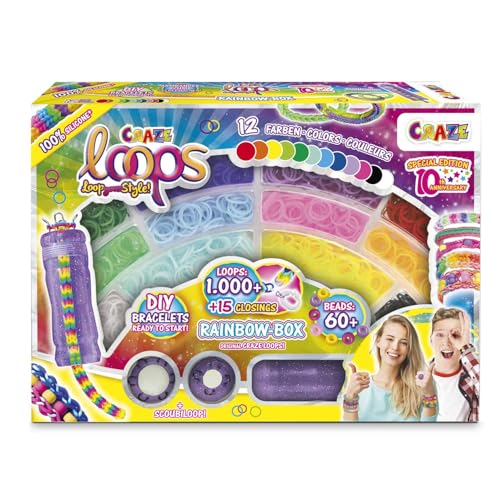 CRAZE loops Rainbow Box - Lot de 1000 élastiques arc-en-ciel pour le bricolage - Colliers, bagues et bracelets