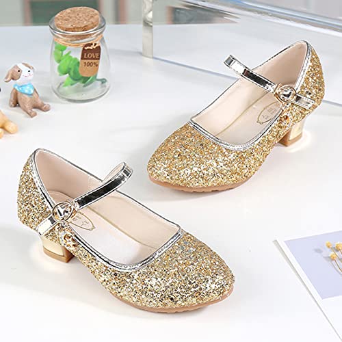 Girls Mary-Jane Glitter Shoes Low Heel Princess Flower Wedding Party Dress Pump Shoes for Toddler Princess Shoes (Gold, 8-9 Years Little Child)4