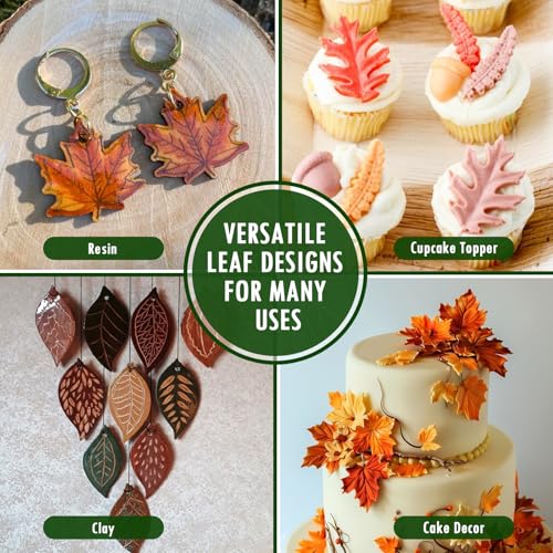 Image of HKNMTT Leaf Fondant Silicone Mold Small Maple Shapes, 34 Cavity Tree Fern Leaves Rose Flower for Cake Cupcake Topper Craft Decorating Sugar Candy Clay Plant Moulds DIY BPA Free