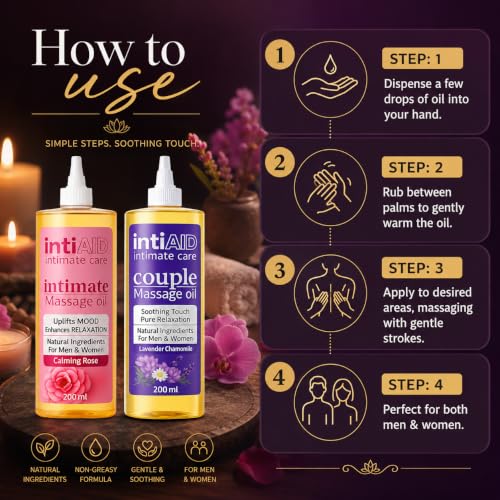Image of Couple & Intimate Massage Oil Pack of 2 with Sensual Bliss of Lavender & Chamomile. Ideal for Couples Date Nights & Soothing Massage Experience. Non-Sticky Texture - 200ml Each