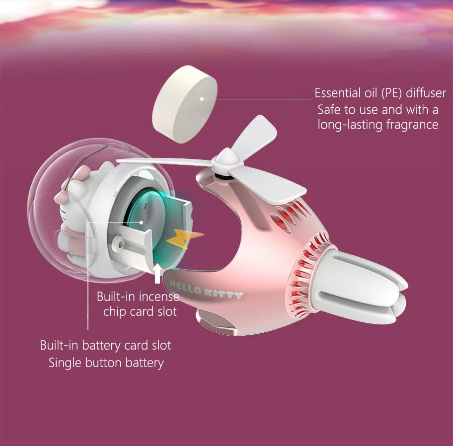 Image of Kitty Car Air Freshener, Cute Pink Cat Pilot Air Vent Clip Interior Accessory, with 6 Color Changes, Rotating Propeller Car Air Outlet Fan, Creative Cartoon Car Air Freshener