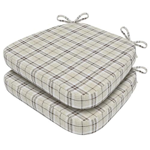 Image of AAAAAcessories D-Shaped Chair Cushions, 2 inch Thick Dining Chair Pads with Ties and Removable, Machine-Washable Cover, 17 inch x 16 inch, Set of 2, Tan Plaid