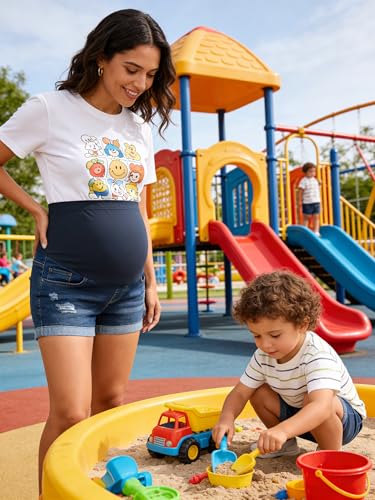 Image of PACBREEZE Women's Maternity Jean Shorts Over Belly Stretch Denim Shorts Trendy Summer Pregnancy Clothes