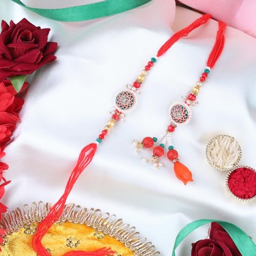Image of Traditional Rakhi For Bhai- Bhabhi For Raksha Bandhan| Handcrafted Thread Bracelet For Brother| Indian Designer Rakhi for Bhaiya & Bhabhi Combo
