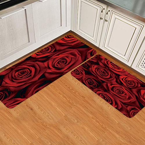 Prime Leader 2 Piece Non-Slip Kitchen Mat Runner Rug Set Doormat Dark Red Rose Flower Door Mats Rubber Backing Carpet Indoor Floor Mat(15.7"X23.6"+15.7"X47.2") #TOP2