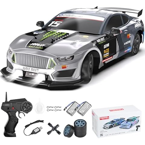 Dollox Remote Control Car 1/16 Scale RC Drift Car 2.4GHz 4WD High Speed 18+KM/H Vehicle with LED Lights and Spray, Extra Drifting Tires Racing Vehicle Toys Birthday Gifts for Adults Boys, 2 Batteries Cover